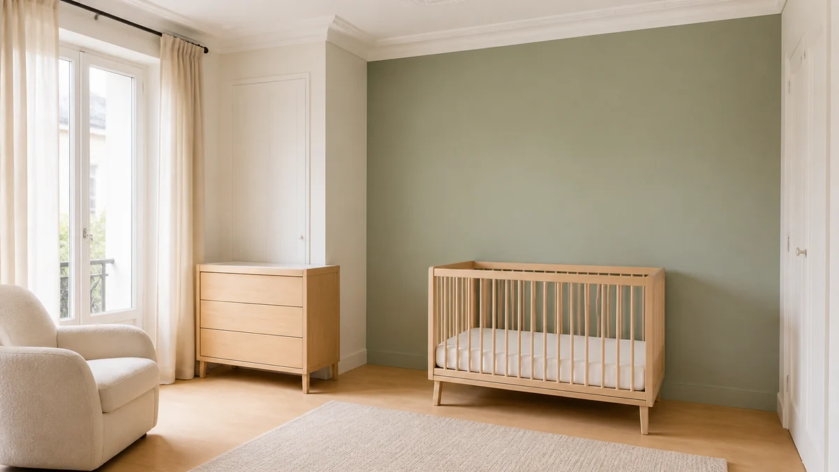 Chambre de bébé vert sauge lumineuse avec lit en bois clair, fauteuil crème et textiles naturels