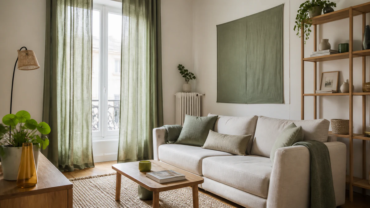 Appartement en location décoré en vert sauge et crème