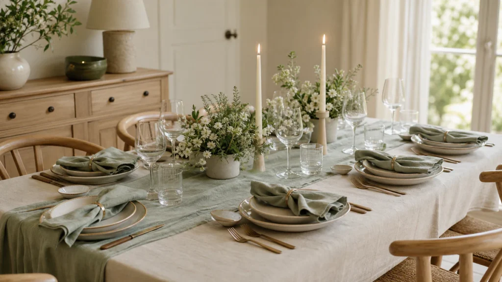 Table vert sauge avec vaisselle ivoire, fleurs blanches et bougies
