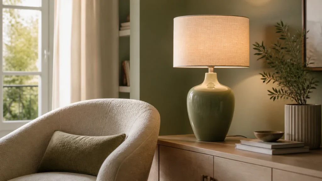 Lampe vert sauge sur un meuble en bois dans un coin lecture